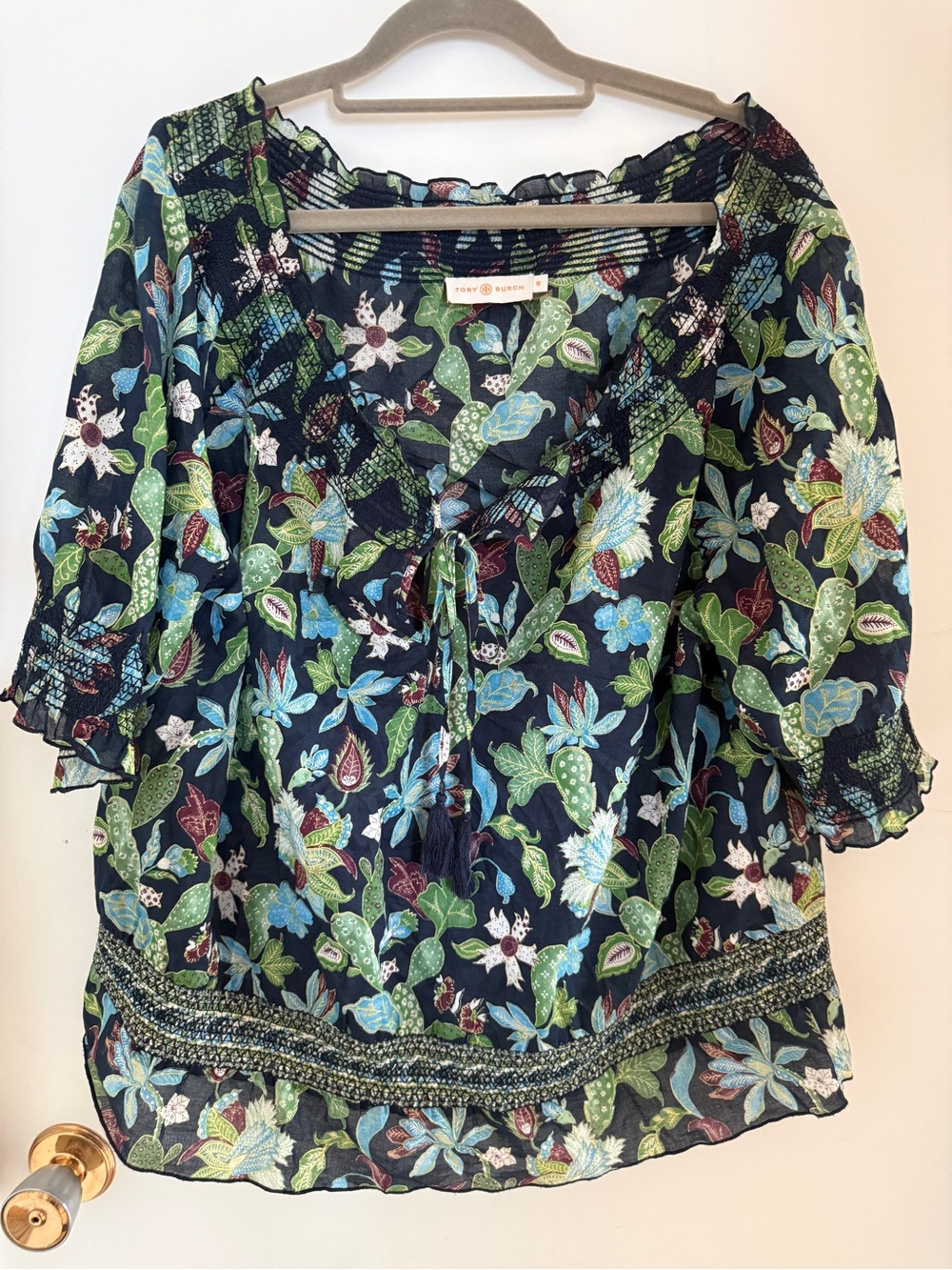 Tory Burch Floral Cotton Tunic Blouse Size 10 Boho Smocked Tassel Top